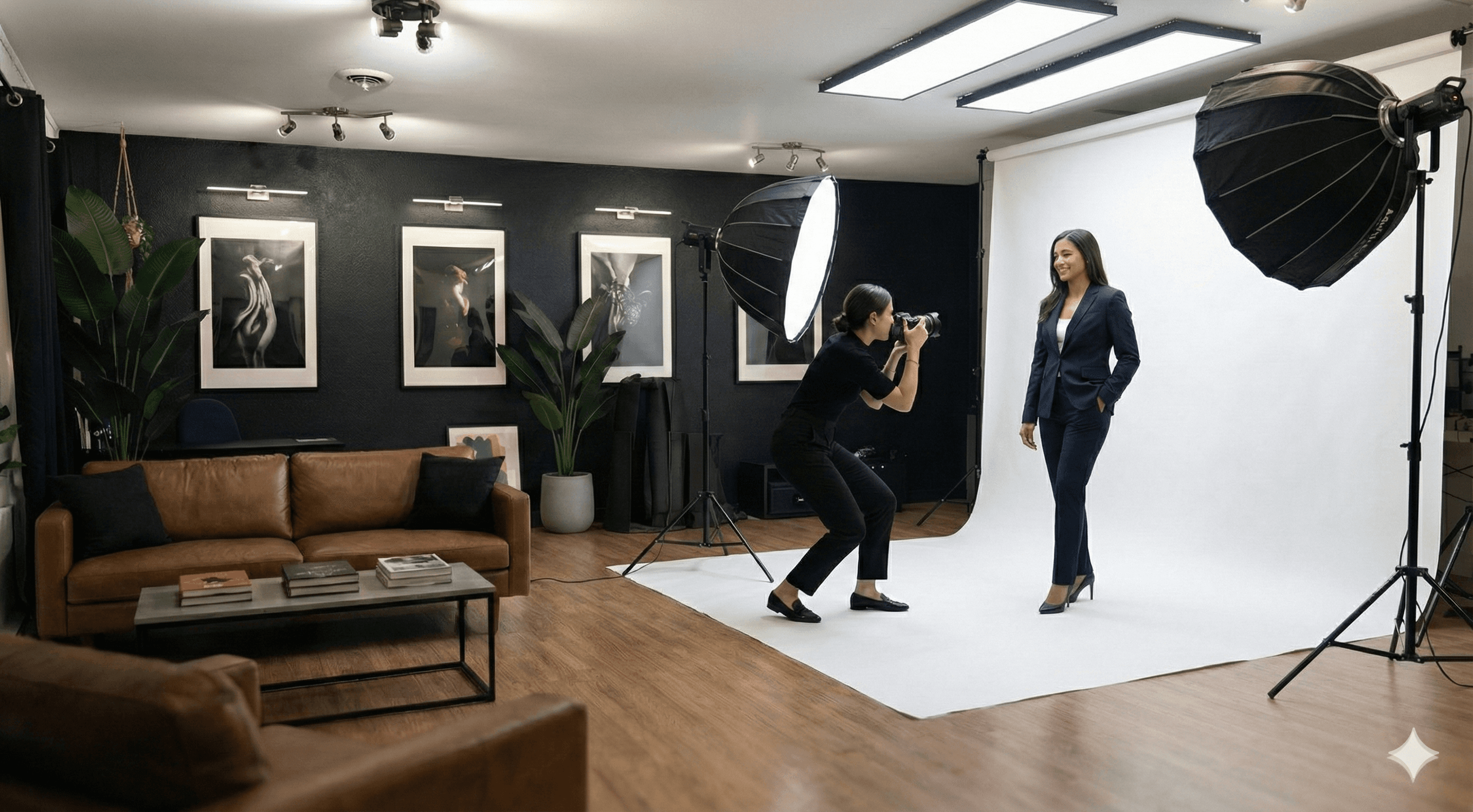Photographe professionnel avec son équipement au studio