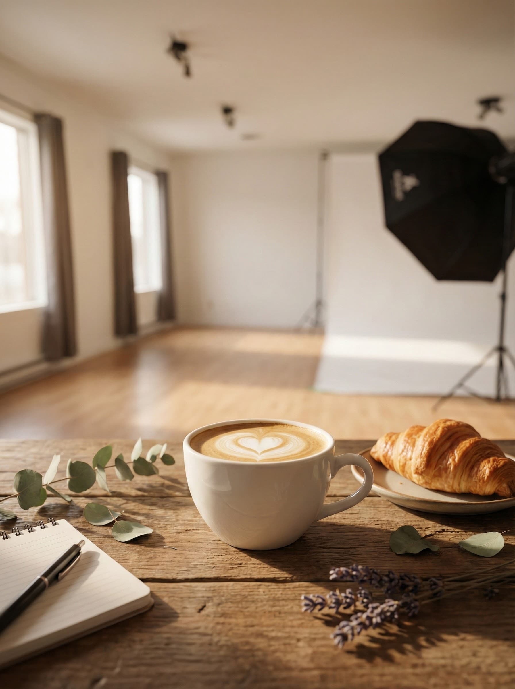 Zone lounge du studio avec canapé et espace de préparation