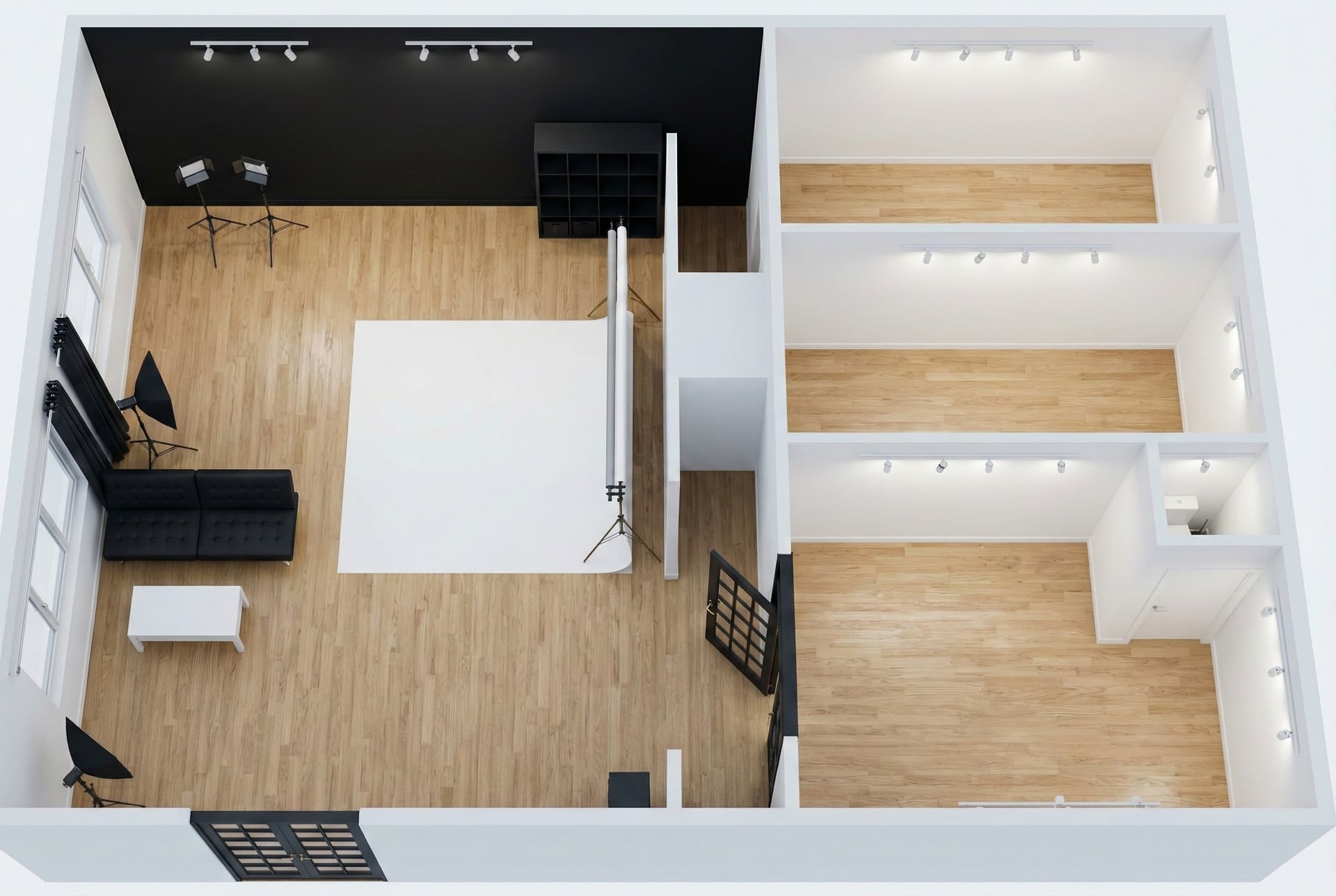 Vue architecturale du studio photo et vidéo à Québec - Plan au sol et organisation de l'espace